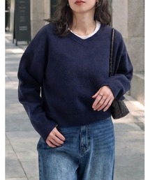 アルパカタッチクロップド丈Vネックニットプルオーバー