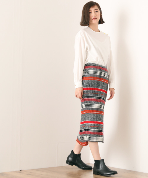 36Quatre-Neuf（カトルナフ）の「マルチボーダースカート【BAILA 2017年01月号 P.81掲載】 （スカート・レディース・マルチ/カーキ・FREE）」の3枚目の写真