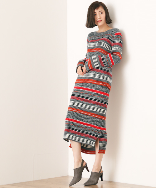 36Quatre-Neuf（カトルナフ）の「マルチボーダースカート【BAILA 2017年01月号 P.81掲載】 （スカート・レディース・マルチ/カーキ・FREE）」の4枚目の写真