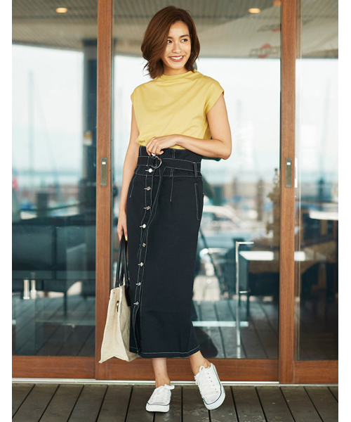 Re:EDIT（リエディ）の「フロントボタンカラーステッチタイトスカート（スカート・レディース・ブラック/ライトベージュ・MEDIUM）」の2枚目の写真