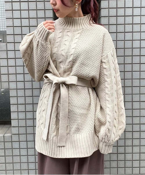 apres jour mignon（アプレジュールミニョン）の「ケーブル切り替えベルト付きニット【ZOZOTOWN限定アイテム】（ニット/セーター・レディース・ブラック/ダークブラウン/ライトベージュ・フリー）」の3枚目の写真