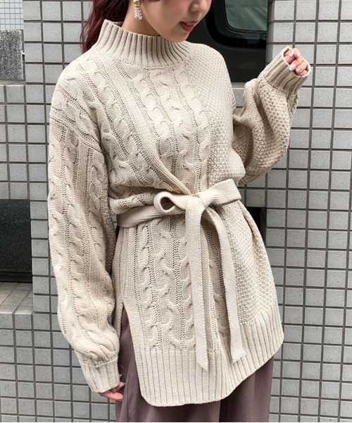 apres jour mignon（アプレジュールミニョン）の「ケーブル切り替えベルト付きニット【ZOZOTOWN限定アイテム】（ニット/セーター・レディース・ブラック/ダークブラウン/ライトベージュ・フリー）」の19枚目の写真