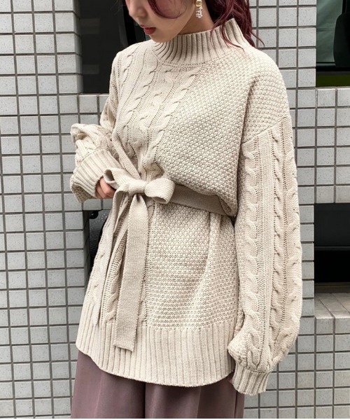 apres jour mignon（アプレジュールミニョン）の「ケーブル切り替えベルト付きニット【ZOZOTOWN限定アイテム】（ニット/セーター・レディース・ブラック/ダークブラウン/ライトベージュ・フリー）」の6枚目の写真