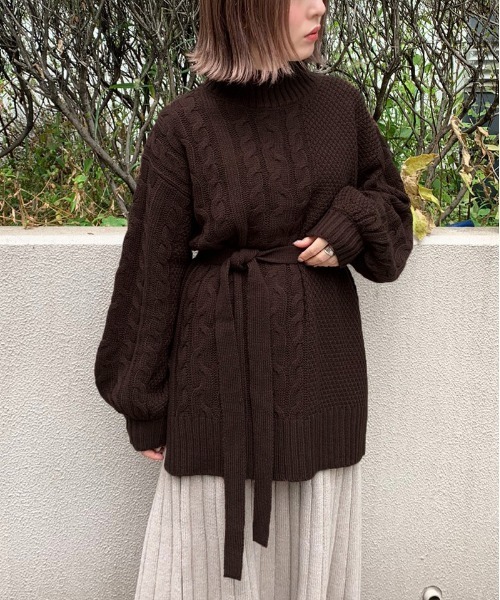 apres jour mignon（アプレジュールミニョン）の「ケーブル切り替えベルト付きニット【ZOZOTOWN限定アイテム】（ニット/セーター・レディース・ブラック/ダークブラウン/ライトベージュ・フリー）」の18枚目の写真