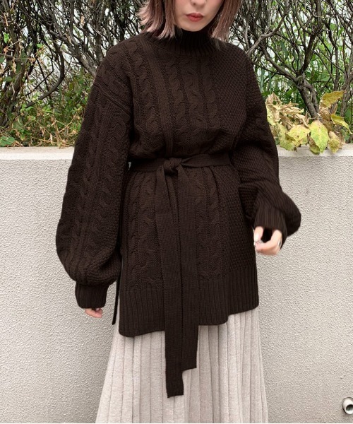 apres jour mignon（アプレジュールミニョン）の「ケーブル切り替えベルト付きニット【ZOZOTOWN限定アイテム】（ニット/セーター・レディース・ブラック/ダークブラウン/ライトベージュ・フリー）」の10枚目の写真