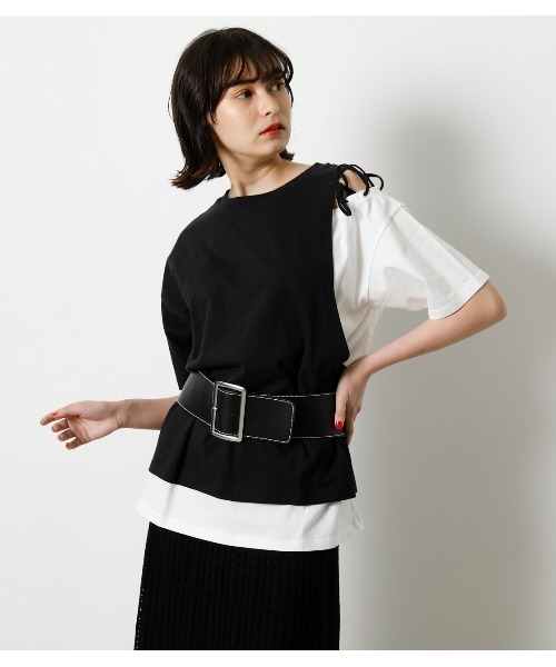 AZUL by moussy（アズールバイマウジー）の「LAYERING RIBBON TOPS/レイヤリングリボントップス（Tシャツ/カットソー・レディース・ブラック/ベージュ/オレンジ/カーキ・SMALL/MEDIUM）」の2枚目の写真