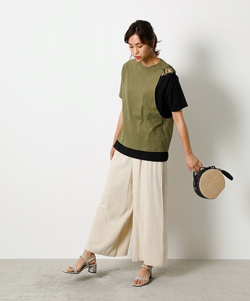 AZUL by moussy（アズールバイマウジー）の「LAYERING RIBBON TOPS/レイヤリングリボントップス（Tシャツ/カットソー・レディース・ブラック/ベージュ/オレンジ/カーキ・SMALL/MEDIUM）」の11枚目の写真