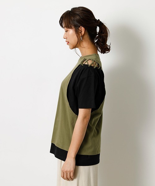 AZUL by moussy（アズールバイマウジー）の「LAYERING RIBBON TOPS/レイヤリングリボントップス（Tシャツ/カットソー・レディース・ブラック/ベージュ/オレンジ/カーキ・SMALL/MEDIUM）」の9枚目の写真
