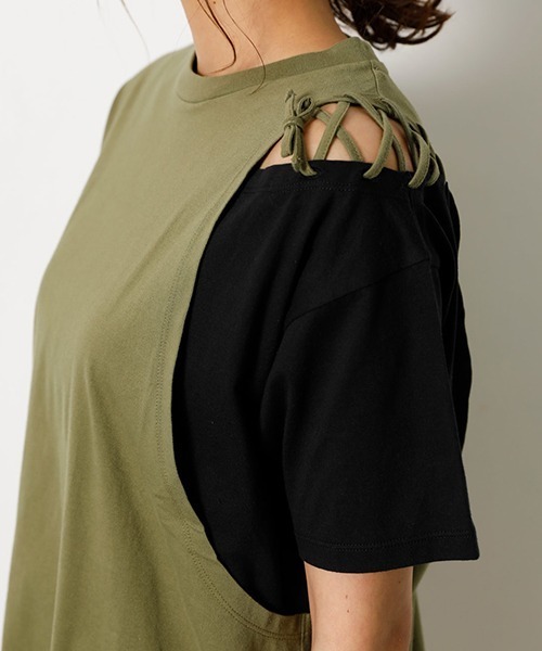 AZUL by moussy（アズールバイマウジー）の「LAYERING RIBBON TOPS/レイヤリングリボントップス（Tシャツ/カットソー・レディース・ブラック/ベージュ/オレンジ/カーキ・SMALL/MEDIUM）」の7枚目の写真