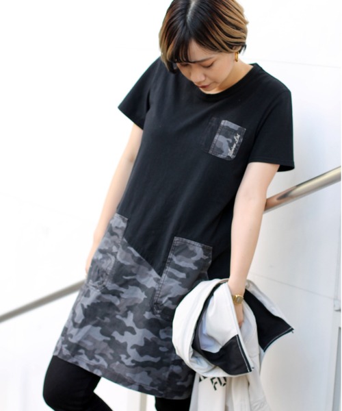 AVIREX（アヴィレックス）の「【直営店限定】コットンウーヴン コントラストパネルドレス/ COTTON WOVEN CONTRAST PANEL DRESS（ワンピース・レディース・ブラック/チャコールグレー/オリーブ・SMALL/MEDIUM/LARGE）」の2枚目の写真