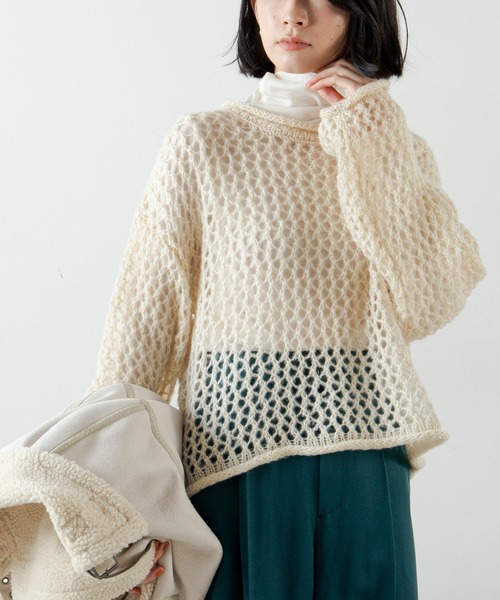 ANGIE(アンジー)の「起毛メッシュ編みショートニット(ニット/セーター・レディース・ブラック/アイボリー/マスタード/ダークベージュ・FREE)」の2枚目の写真