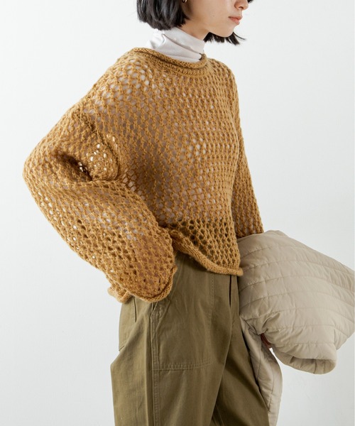 ANGIE(アンジー)の「起毛メッシュ編みショートニット(ニット/セーター・レディース・ブラック/アイボリー/マスタード/ダークベージュ・FREE)」の1枚目の写真