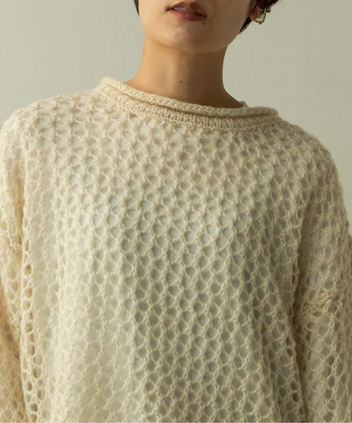 ANGIE(アンジー)の「起毛メッシュ編みショートニット(ニット/セーター・レディース・ブラック/アイボリー/マスタード/ダークベージュ・FREE)」の5枚目の写真