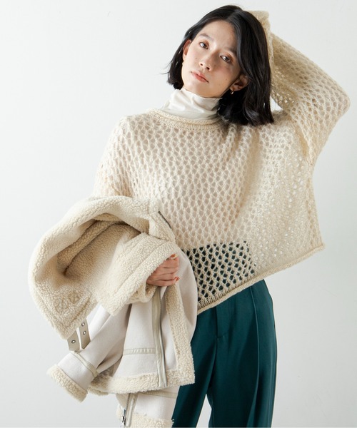 ANGIE(アンジー)の「起毛メッシュ編みショートニット(ニット/セーター・レディース・ブラック/アイボリー/マスタード/ダークベージュ・FREE)」の18枚目の写真