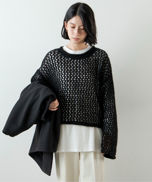 ANGIE(アンジー)の「起毛メッシュ編みショートニット(ニット/セーター・レディース・ブラック/アイボリー/マスタード/ダークベージュ・FREE)」の22枚目の写真