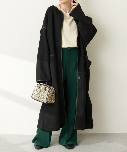 DISCOAT（ディスコート）の「【WEB限定】パイピングロングコート（ノーカラーコート・レディース・モカ/ブラック/アイボリー・FREE）」の11枚目の写真