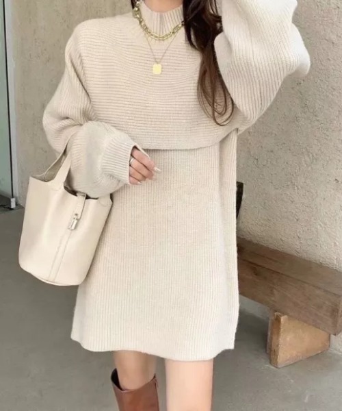 Loueme(ルエム)の「ハイネックリブニット+ノースリーブミニワンピース2点セット(ワンピース・レディース・ブラック/ベージュ/アイボリー・FREE)」の3枚目の写真