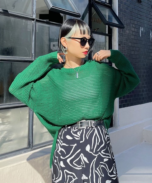 PAGEBOY(ページボーイ)の「ワッフルメッシュニット(ニット/セーター・レディース・グリーン/ブラック/オフホワイト・FREE)」の13枚目の写真