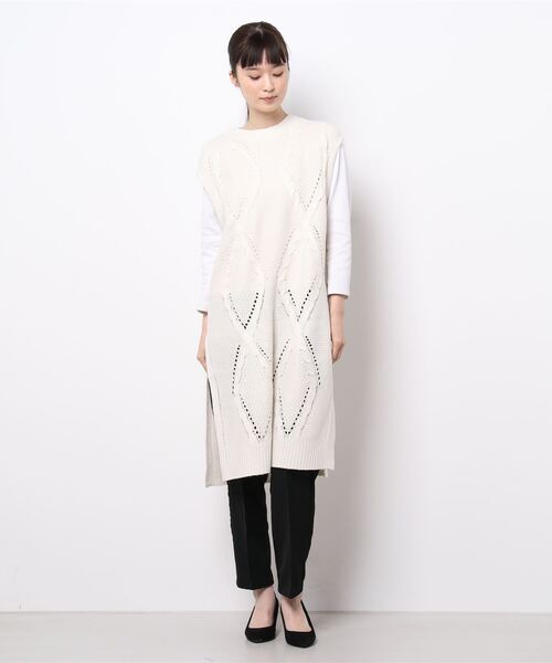 Samansa Mos2（サマンサ モスモス）の「幾何学ケーブルニットロングベスト（ベスト・レディース・ブラック/ベージュ/オフホワイト/ブルー・ﾌﾘ-）」の9枚目の写真