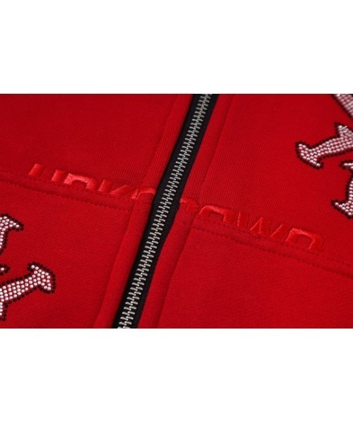 UNKNOWN LONDON(アンノウン・ロンドン)の「A'GEM/9 × .kom『UNKNOWN LONDON/アンノウン ロンドン』GRADIENT DAGGER RHINESTONE ZIP HOODIE/ラインストーン ジップアップパーカー(パーカー・メンズ・ボルドー/ホワイト・M)」の8枚目の写真