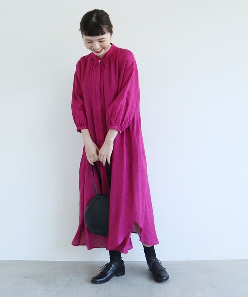 レサージュ フレンチリネンスタンドカラーワンピース パープル 今お店