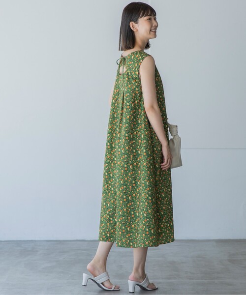 アロハプリント スクエアネック前釦ノースリワンピース ワンピース