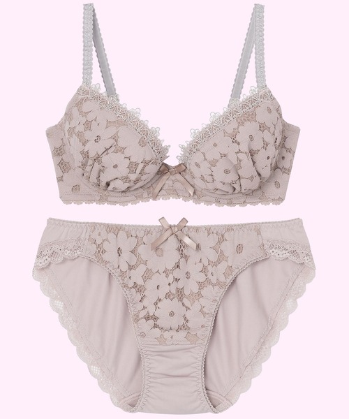 AMPHI（アンフィ）の「【まる胸メイク】ラッセルレース×ケミカルレース（ブラ&ショーツ・レディース・ブラック/グレー/イエロー/モスグリーン/バイオレット/スモークピンク/グレイッシュブルー/クリーム/テラコッタ・B65/B70/C70/D70/B75/C65/C75/D65/D75/E65/E70/E75）」の9枚目の写真