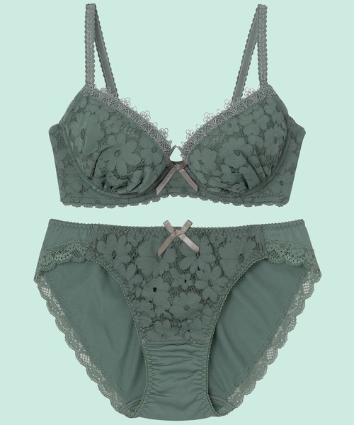 AMPHI（アンフィ）の「【まる胸メイク】ラッセルレース×ケミカルレース（ブラ&ショーツ・レディース・ブラック/グレー/イエロー/モスグリーン/バイオレット/スモークピンク/グレイッシュブルー/クリーム/テラコッタ・B65/B70/C70/D70/B75/C65/C75/D65/D75/E65/E70/E75）」の5枚目の写真