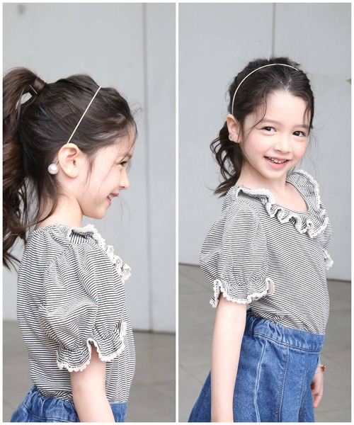 Rora(ローラ)の「ラーイ ボーダー柄 フリルTシャツ(Tシャツ/カットソー・キッズ・ブラック・100/110/120/130/140/150)」の8枚目の写真