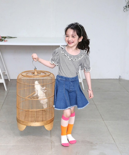 Rora(ローラ)の「ラーイ ボーダー柄 フリルTシャツ(Tシャツ/カットソー・キッズ・ブラック・100/110/120/130/140/150)」の10枚目の写真