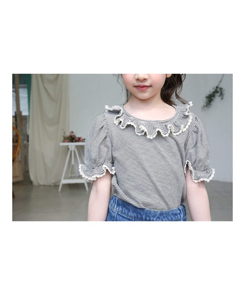 Rora(ローラ)の「ラーイ ボーダー柄 フリルTシャツ(Tシャツ/カットソー・キッズ・ブラック・100/110/120/130/140/150)」の9枚目の写真