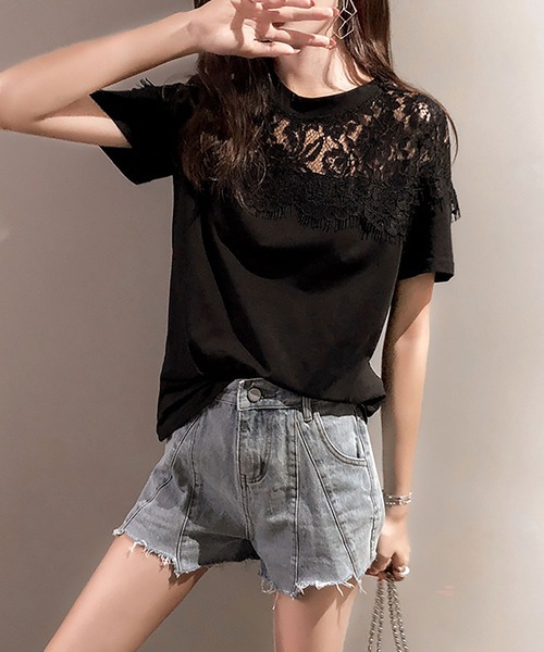 NinaetLina（ニナエリナ）の「レース切り替え半袖カットソー（Tシャツ/カットソー・レディース・ホワイト/ブラック・XL/L/M）」の3枚目の写真