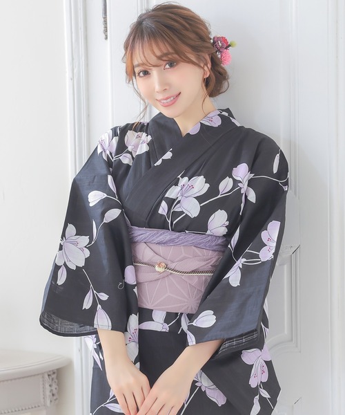 浴衣セット レディース 黒地にグラデーション菖蒲 ゆかた3点セット 浴衣 作り帯 下駄 かわいい