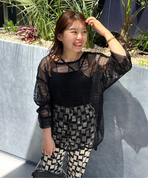 prose verse(プロズヴェール)の「パッチワークメッシュプルオーバー(ニット/セーター・レディース・オフホワイト/ブラック・MEDIUM)」の1枚目の写真