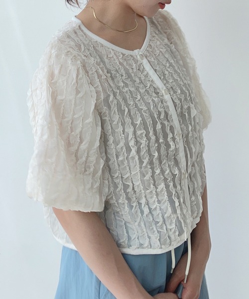 AS KNOW AS plus（アズノゥアズプラス）の「〇シアーフリル5分袖ブラウス（シャツ/ブラウス・レディース・アイボリー/ブラック/サックスブルー・FREE）」の9枚目の写真