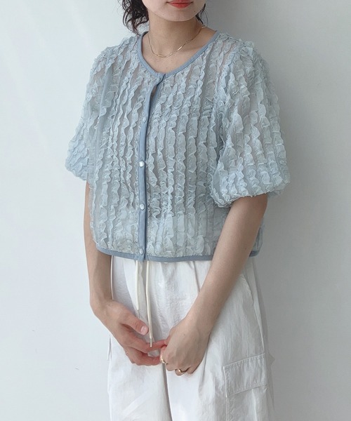 AS KNOW AS plus（アズノゥアズプラス）の「〇シアーフリル5分袖ブラウス（シャツ/ブラウス・レディース・アイボリー/ブラック/サックスブルー・FREE）」の5枚目の写真