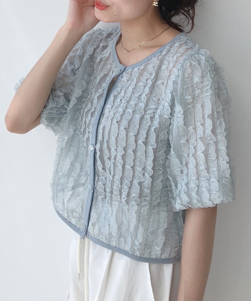 AS KNOW AS plus（アズノゥアズプラス）の「〇シアーフリル5分袖ブラウス（シャツ/ブラウス・レディース・アイボリー/ブラック/サックスブルー・FREE）」の10枚目の写真