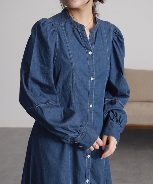 RANAN（ラナン）の「配色ステッチデニムシャツワンピース（ワンピース・レディース・ブルー/ブラック・L/LL/M）」の6枚目の写真