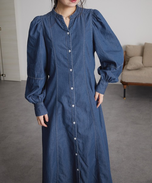 RANAN（ラナン）の「配色ステッチデニムシャツワンピース（ワンピース・レディース・ブルー/ブラック・L/LL/M）」の9枚目の写真