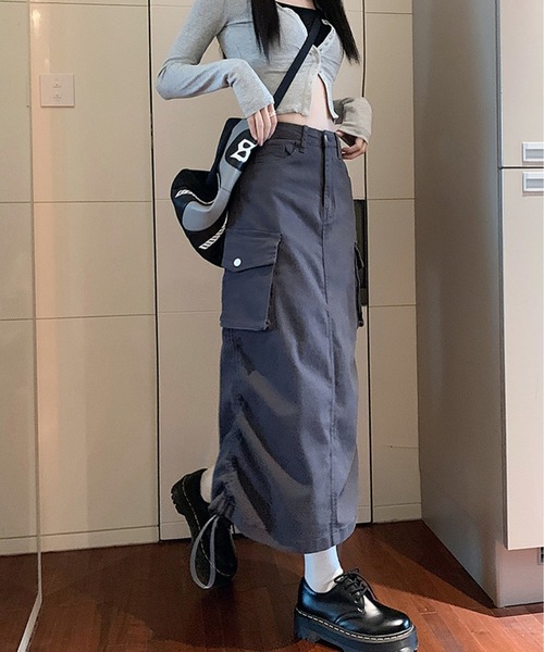 Chick(チック)の「ストリングギャザーカーゴスカート(スカート・レディース・オリーブ/ブラック・L/S/M)」の3枚目の写真