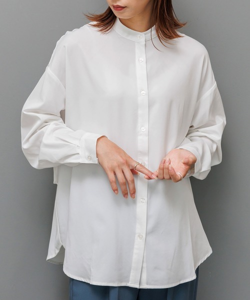 mili an deni(ミリアンデニ)の「エステルPUバックドロストオーバーシャツ(シャツ/ブラウス・レディース・ブラック/チャコールグレー/アイボリー・M)」の10枚目の写真