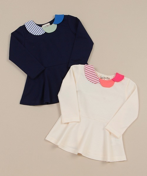 Love&Peace&Money（ラブアンドピースアンドマネー）の「カラフル衿ペプラムトレーナー（スウェット・キッズ・ネイビー/キナリ・130cm/110cm/100cm/120cm/90cm/80ｃｍ）」の3枚目の写真