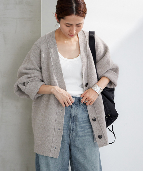 FRAMEWORKフレームワーク　FOXブークレ接結コクーンカーディガン　グレー FRAMeWORK（フレームワーク）の「FOXブークレ接結コクーンカーディガン