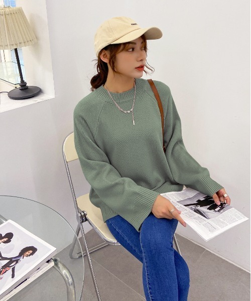セール】ワイド袖 ラグランニット クルーネック プルオーバー
