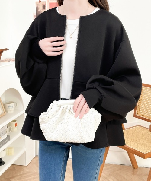 ダンボールニットフリルノーカラージャケット（ノーカラージャケット