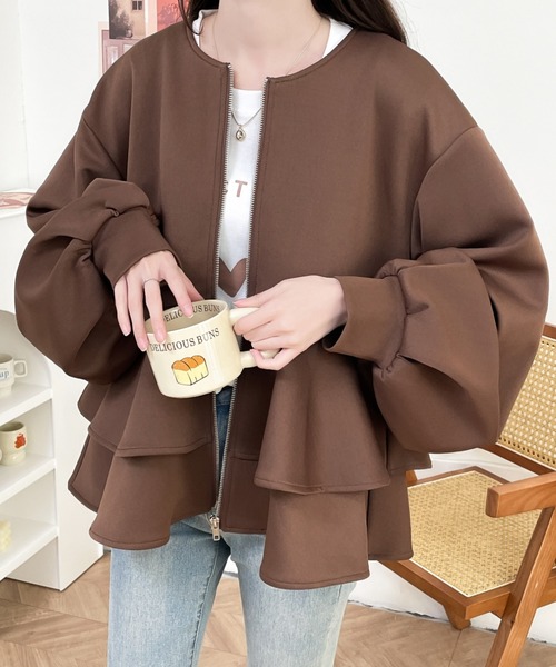 ダンボールニットフリルノーカラージャケット（ノーカラージャケット