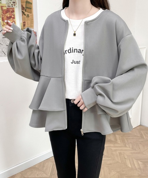 ダンボールニットフリルノーカラージャケット（ノーカラージャケット