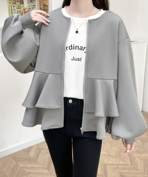 ダンボールニットフリルノーカラージャケット（ノーカラージャケット