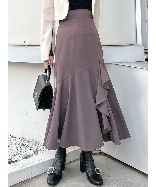 MERCURYDUO（マーキュリーデュオ）の「バックレースアップサイドラッフルスリットマーメイドス（スカート・レディース・ライム/ダークブラウン/アイボリー/ブラック・SMALL/MEDIUM）」の4枚目の写真