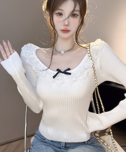 Sibra(シブラ)の「ネックレースニットトップス(Tシャツ/カットソー・レディース・ホワイト/パープル/ブラック・M)」の2枚目の写真